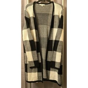 Fever Open Front Cardigan‎ Sweater Womens X-Large Black White Plaid Long